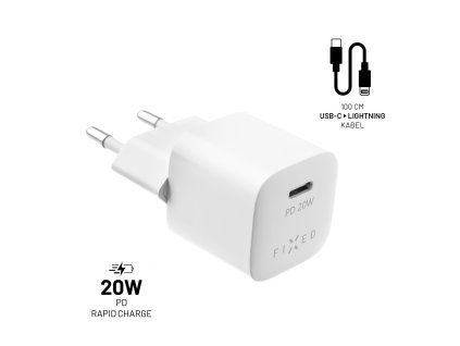 Set síťové nabíječky FIXED Mini s USB-C výstupem a USB-C/Lightning kabelu, podpora PD, 1 metr, MFI, 20W, bílý (FIXC20M-CL-WH)