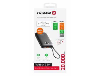 SWISSTEN POWER BANK VOLTBOX 35W 20000 mAh S INTEGROVANÝMI KABELY USB-C A LIGHTNING ČERNÁ (22013937)