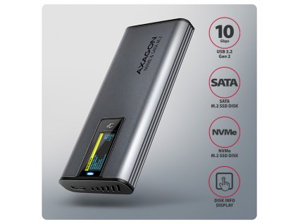 AXAGON EEM2-SD2 USB-C 10Gbps - M.2 NVMe & SATA SSD kovový DISPLAY box, bezšroubkový (EEM2-SD2)
