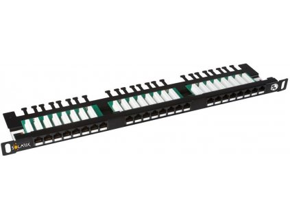 SOLARIX patch panel, CAT5E, 24 x RJ45, UTP, s vyvazovací lištou, černý, 0,5U