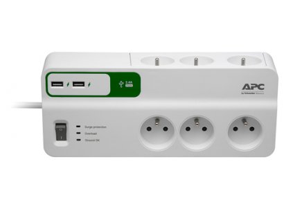APC Essential SurgeArrest 6 outlets with 5V, 2.4A 2 port USB charger, 230V France - přepěťová ochrana 6 zásuvek 1,8m