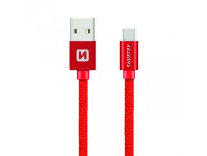SWISSTEN Textile USB-C, datový kabel, červený, 0,2 m