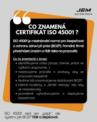 Bezpečnost práce není „papír“. 🦺 ISO 45001 znamená řízení rizik, školení, prevenci incidentů a průběžné zlepšování BOZP....