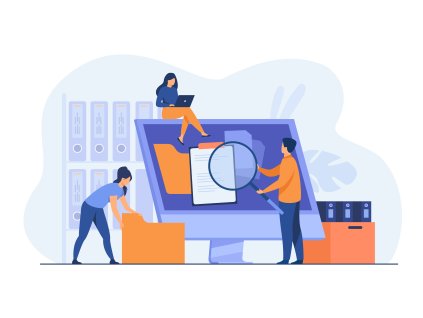 Office workers organizing data storage
