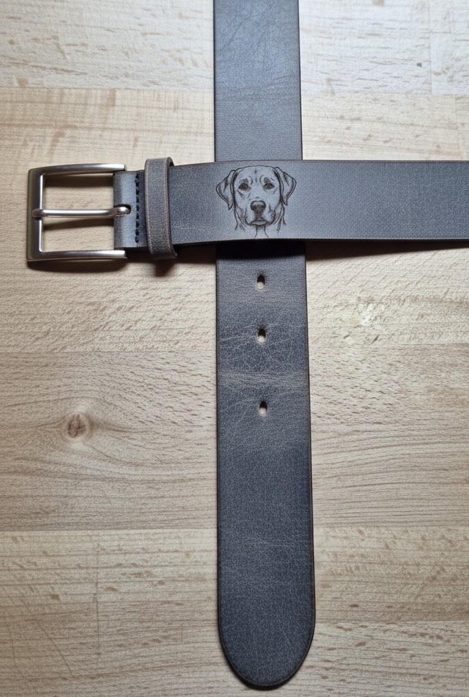 Ukázka gravírování psa na opasek