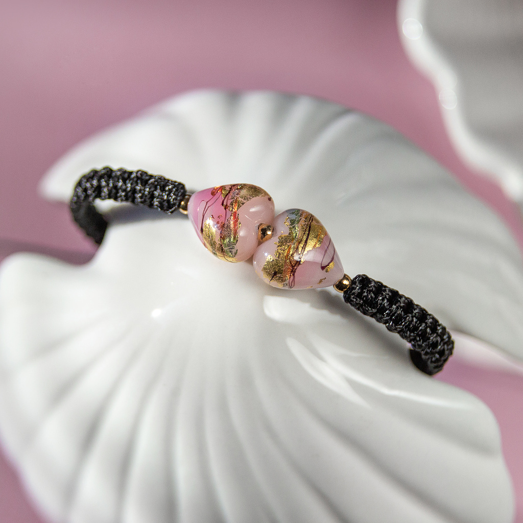 Bracelet Double Gentle Heart Black with 24K gold in Lampglas pearl