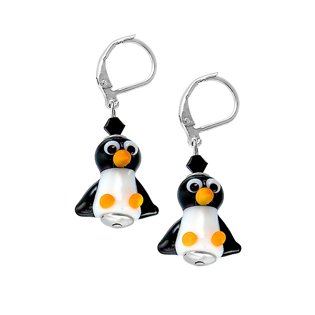 Vtipné rhodiované náušnice Penguin s perlami Lampglas
