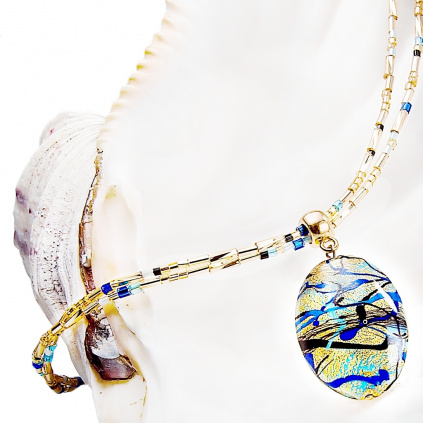 Women's necklace Blue Spy with 24K gold in Lampglas pearl