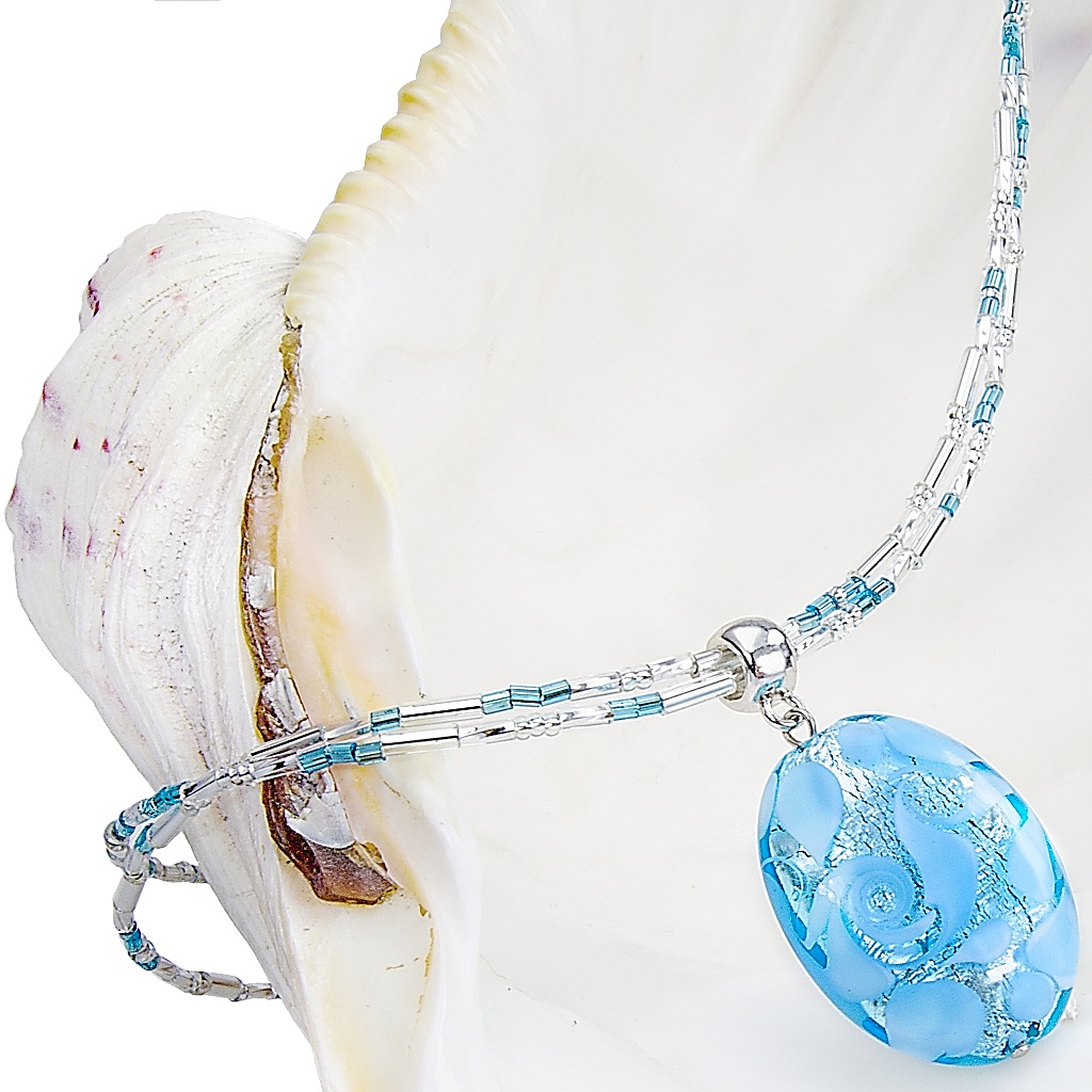 Blue Lace necklace with sterling silver in Lampglas pearl