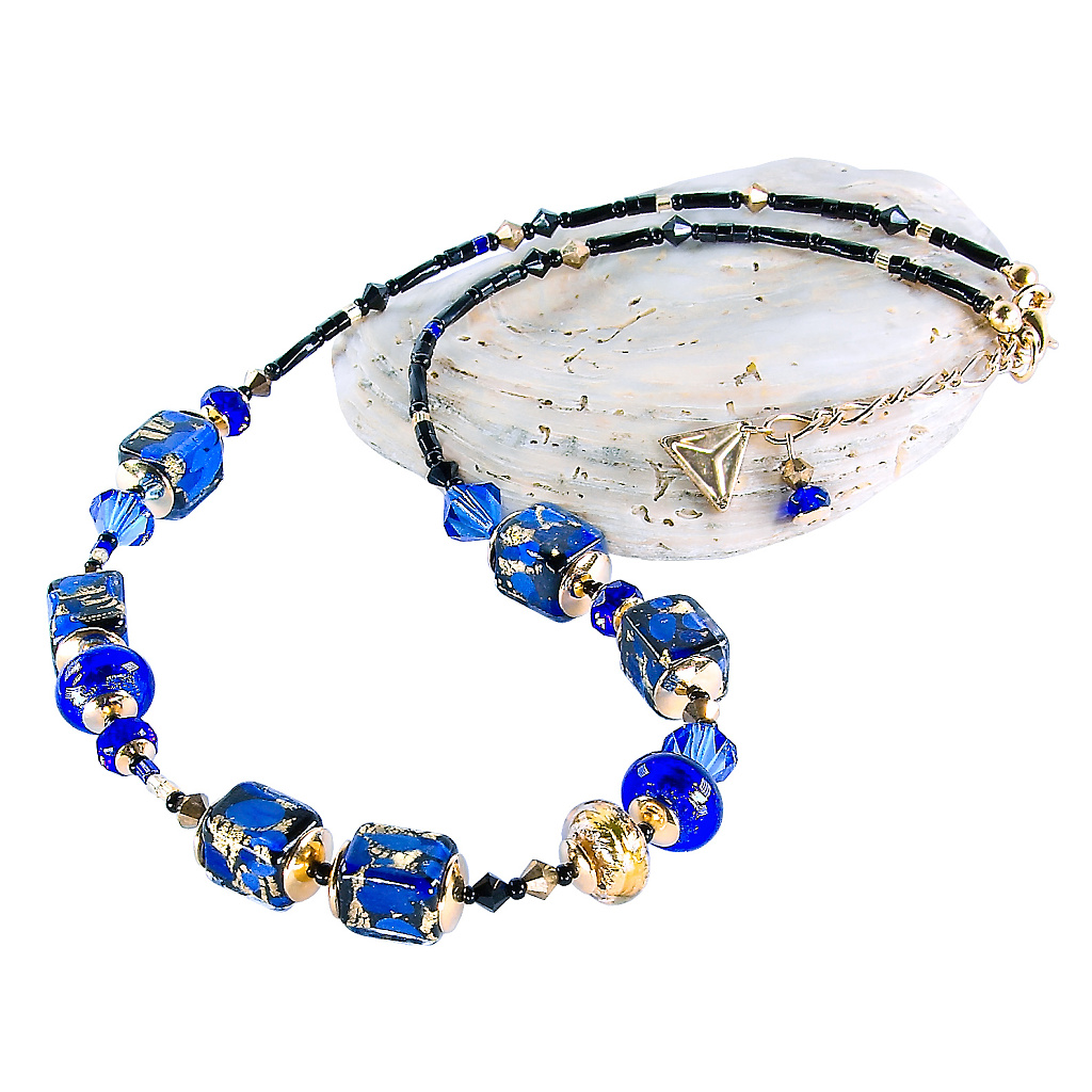 Deep Blue necklace with 24K gold and sterling silver Lampglas pearl