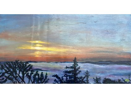Východ slunce Zubštejn 2, alryl na překližce 74x41 cm