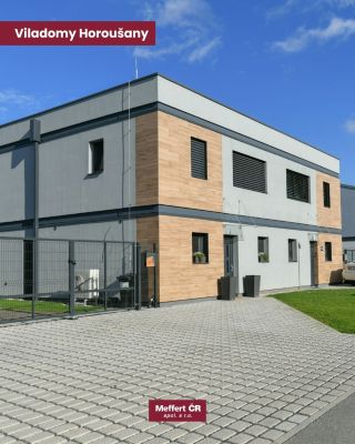 Viladomy Horoušany – Aplikovaný systém: Meffert Therm EPS – povrchová úprava düfa Silicon-Komfortputz – cca 8 000 m² –...