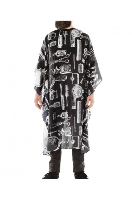 Kadeřnický plášť Barber NEW YORK na stříhání, černý podklad, bílé pomůcky, vodoodpudivý polyester