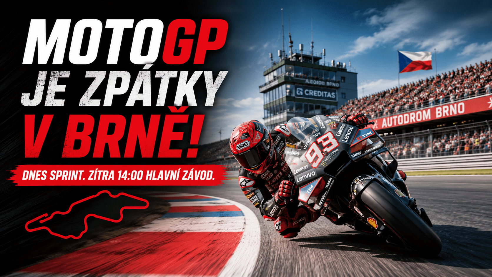 MotoGP je zpátky v Brně. Dnes jede sprint, zítra ve 14:00 hlavní závod.