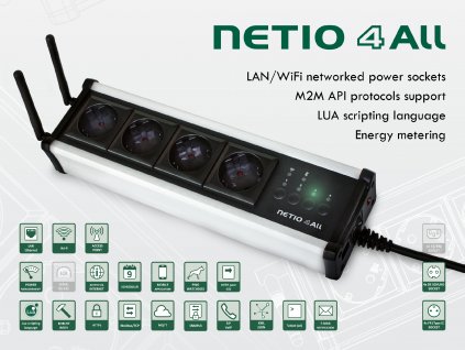 NETIO 4All is a smart socket PDU module with 4x 230V/8A outlets
