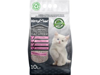 KittyMax hrudkující, bezprašný bílý bentonit Baby Powder 10l
