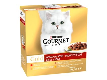 GOURMET GOLD multipack s hovězím, s lososem a kuřetem, s krůtou a kachnou, s kuřetem a játry 8x85g