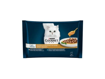 GOURMET PERLE Gravy Delight s lososem v omáčce s příchutí pečeného lososa s tuňákem v omáčce s příchutí mořských plodů