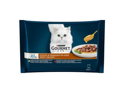 GOURMET PERLE Gravy Delight s kuřetem v omáčce s příchutí grilovaného kuřete s hovězím v omáčce s příchutí pečeného hovězí