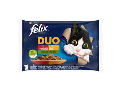 3936 felix fantastic duo multipack s jehnecim a kuretem s rajcaty s veprovym a zverinou s cuketou v zele 4x85g