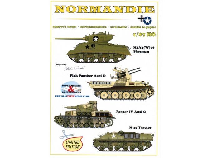 Normandie - M4A3(W)76 HVSS Sherman, Flak Panther Ausf D, Panzer IV Ausf C, M 35 Tractor