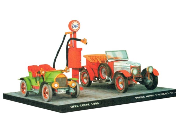 Opel Coupe 1909 + Prince Henry Vauxhall 1914 + čerpací stojan Esso