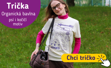 Tašky a trička Výbava zvířecího hrdiny - žena v tričku s obrázkem psa a jeho výbavy