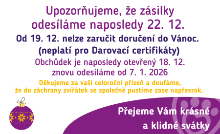 naposledy odesíláme 22. 12., od 19. 12. nelze zaručit doručení do Vánoc, naposledy máme otevřeno 18. 12. Znovu odesíláme od 7. 1.