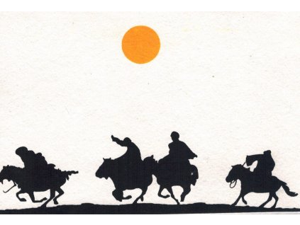 Přání s nomády - čtyři muži na koních v běhu