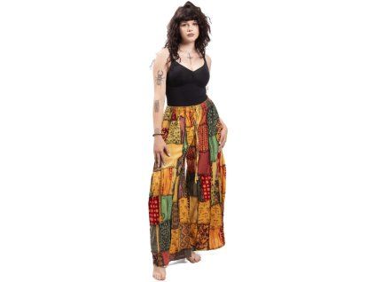 Maxi patchwork kalhoty boho style - okrové