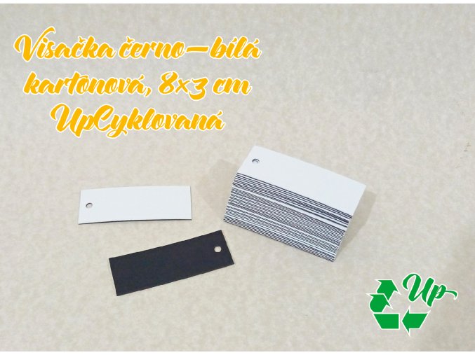 Visačka černo-bílá kartonová upcyklovaná 8×3 cm, s nýtováním dírky nebo bez