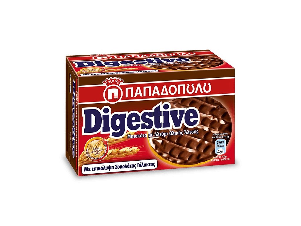Papadopoulou Digestive pšeničné sušenky v mléčné čokoládě 200g