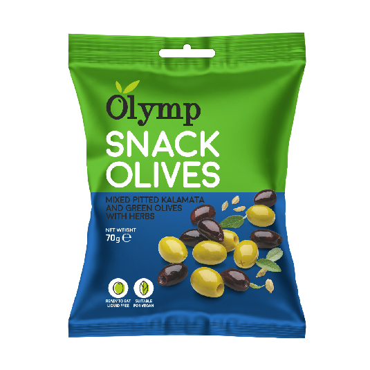 Olymp Snack Mix Kalamata tmavé a zelené olivy bez pecky s bylinkami 70g