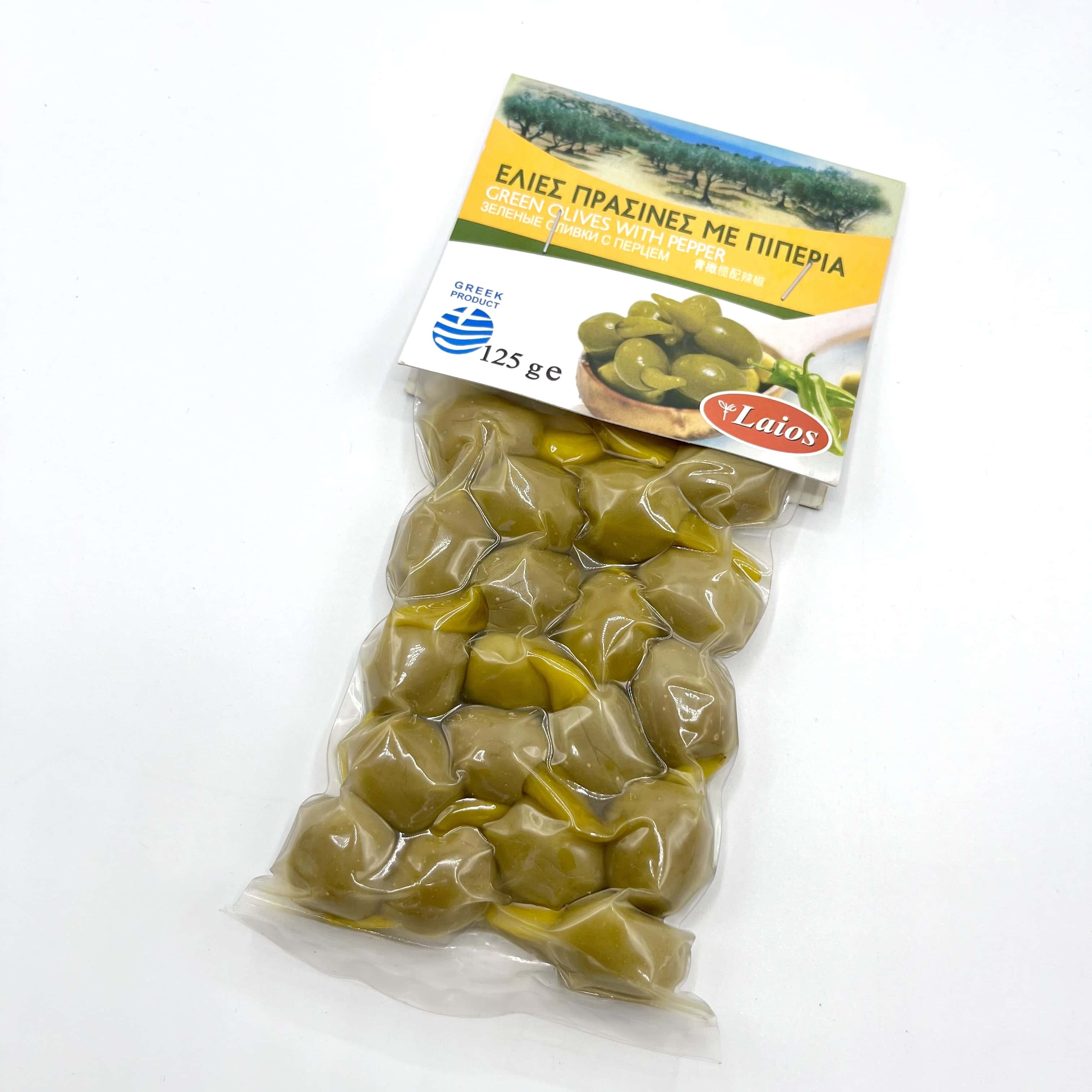 Laios zelené olivy plněné zelenou nakládanou papričkou vakuum 125g