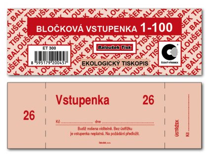 Bločkové vstupenky 1 - 100 čísel ET300