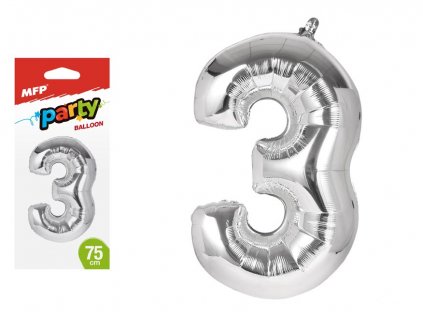 Balónek č. 3 nafukovací fóliový 75 cm - stříbrný