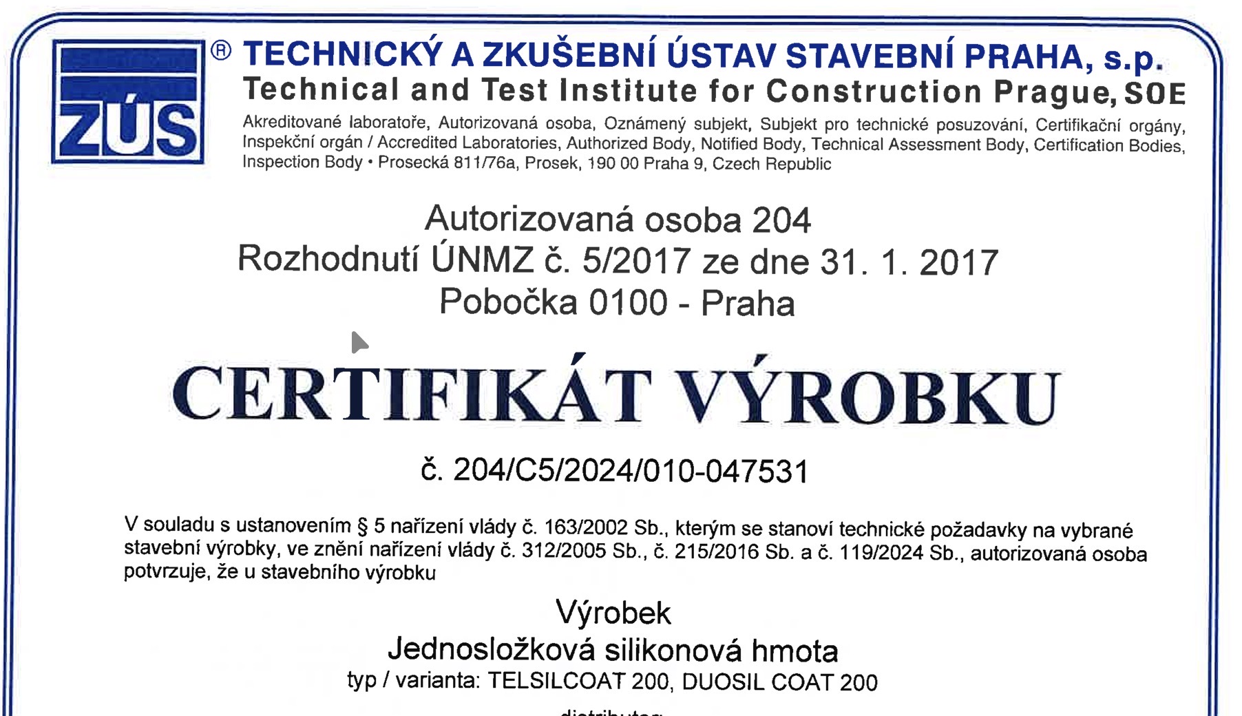 Certifikáty TELSILCOAT 200