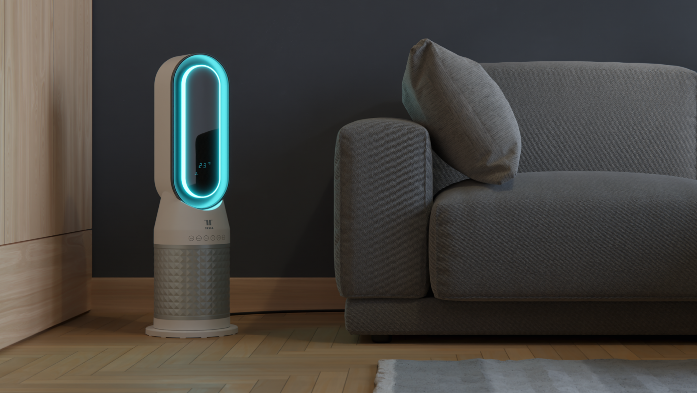 Přímotop Tesla Smart Heater HTR300 stojící vedle sedačky