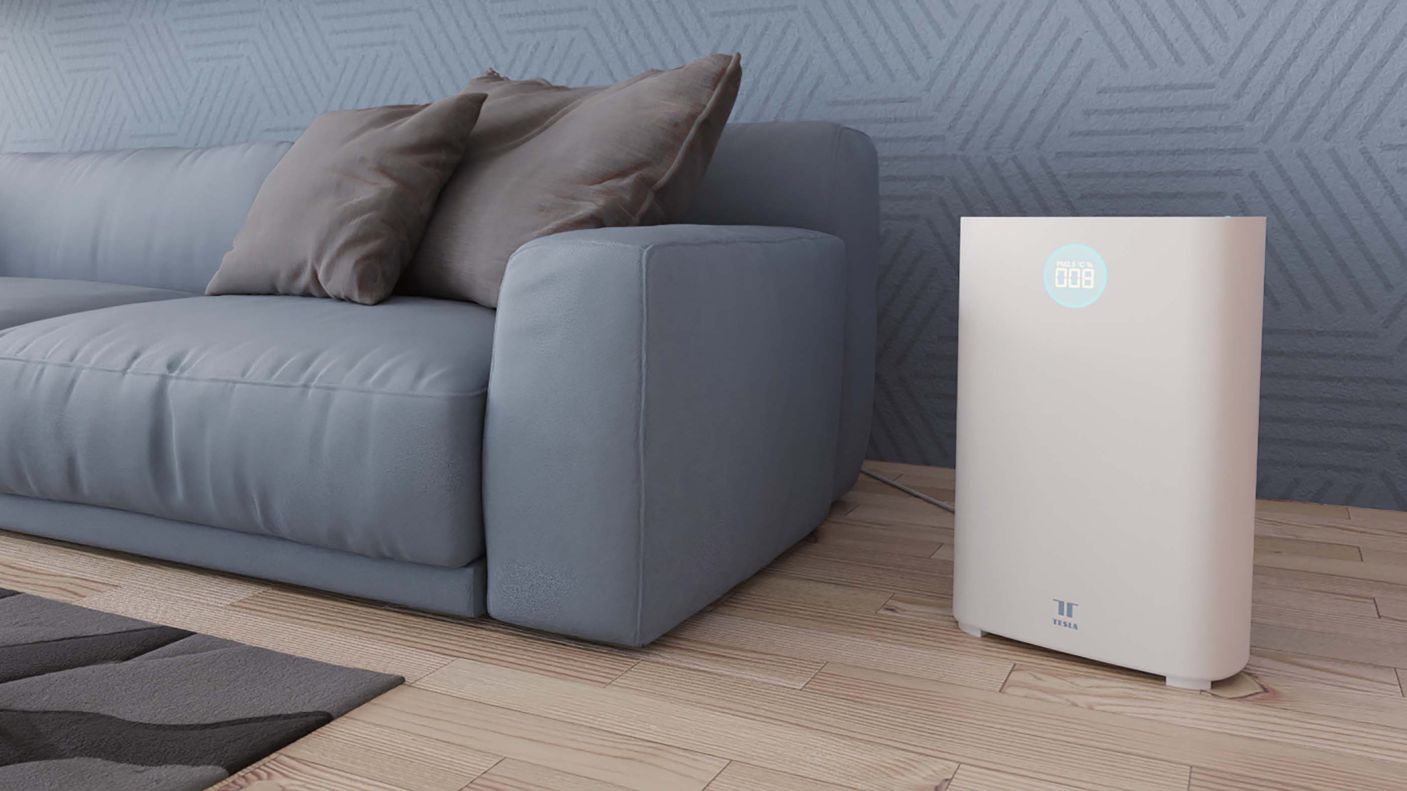 Čistička vzduchu Tesla Smart Air Purifier Pro M stojící na podlaze vedle sedačky