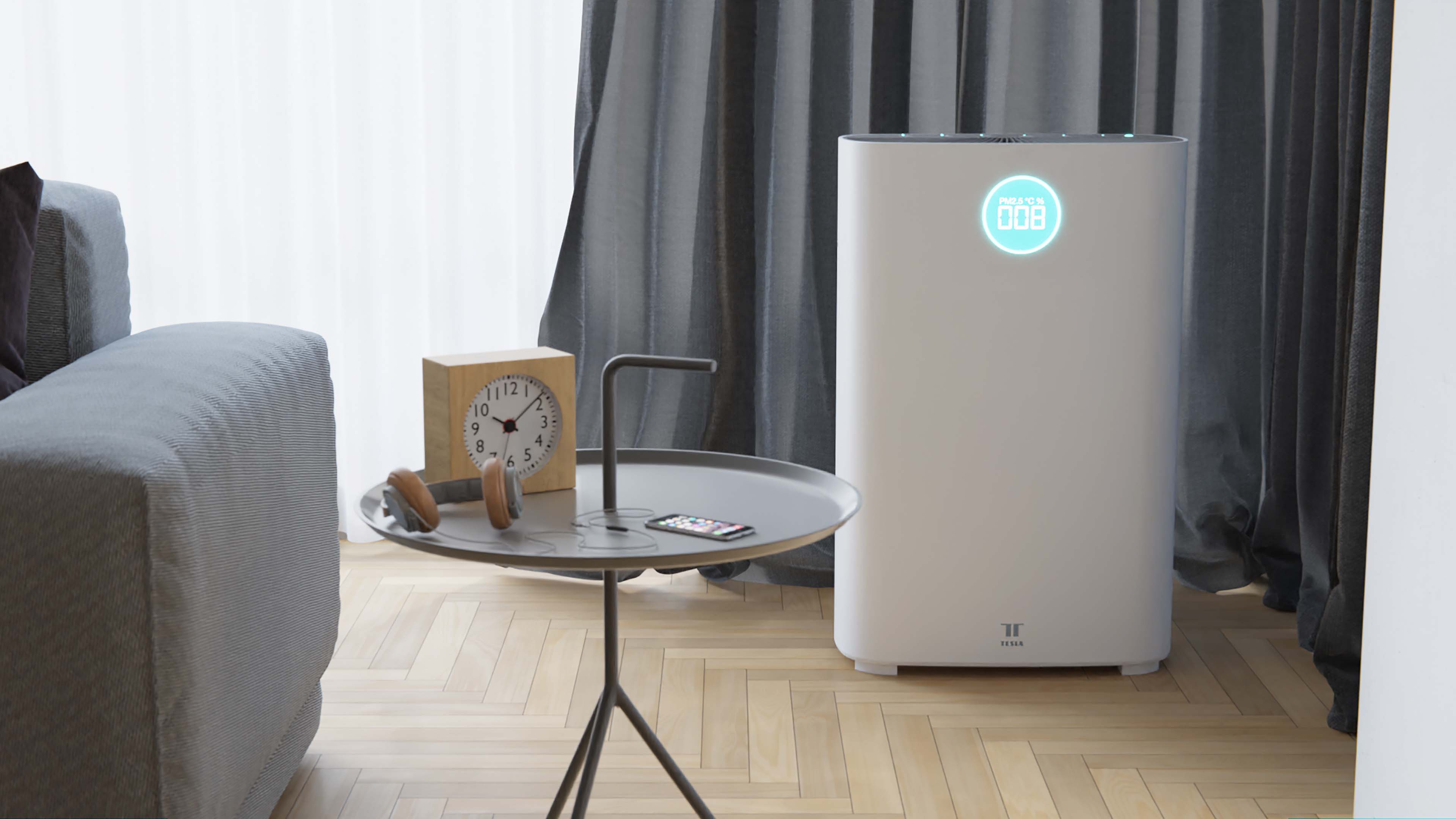 Čistička vzduchu Tesla Smart Air Purifier Pro XL stojící vedle sedačky