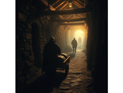 A dark, tense medieval scene inside a 15th century silver mine, Kingdom Come Deliverance style. A cloaked figure, identity hidden, pulls a small cart of barrels through narrow, timber framed tunnels. Flick