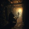 A dark, tense medieval scene inside a 15th century silver mine, Kingdom Come Deliverance style. A cloaked figure, identity hidden, pulls a small cart of barrels through narrow, timber framed tunnels. Flick