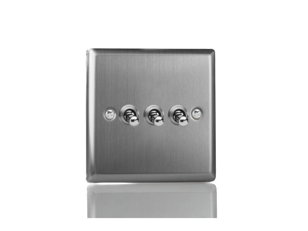 Designový vypínač Páčkový vypínač TOGGLE - 3-modulový schodišťový (č.6); jednosměrný (č.1) 10A 1-pólový KLASICKÉ - kartáčovaná ocel / ocelové páčky, XTT3