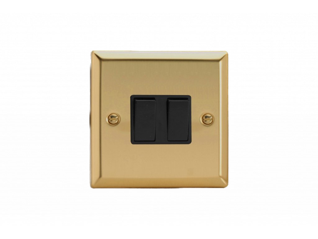 Designový vypínač Kolébkový vypínač ROCKER - 2-modulový schodišťový (č.6); jednosměrný (č.1) 10A 1-pólový KLASICKÉ - leštěná mosaz / černé kolébky, XV2B