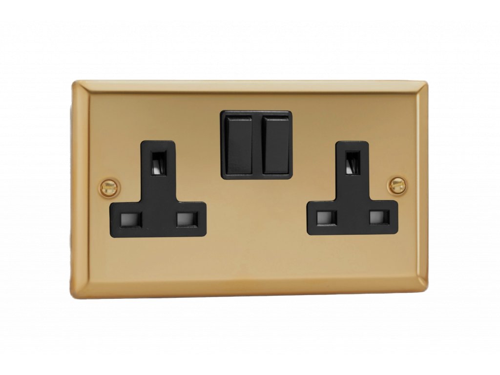 Designová zásuvka Síťová zásuvka MAINS SOCKET - 2-modulový 13A 2-pólový britská zásuvka KLASICKÉ - leštěná mosaz / černý, XV5B