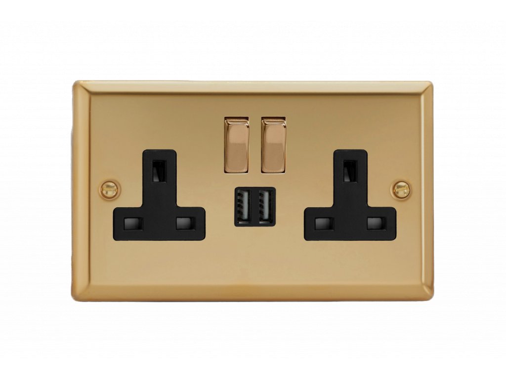 Designová zásuvka Síťová zásuvka MAINS SOCKET - 2-modulový 13A 1-pólový britská zásuvka KLASICKÉ - leštěná mosaz / černá, XV5U2SDB