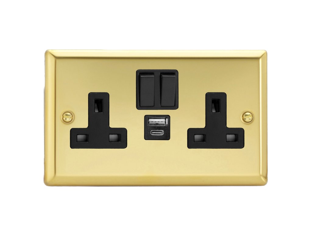 Designová zásuvka Síťová zásuvka MAINS SOCKET - 2-modulový 20 W USB 13A 1-pólový britská zásuvka KLASICKÉ - leštěná mosaz / černý, XV5UACB