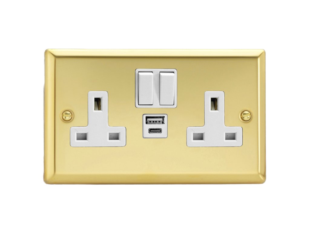Designová zásuvka Síťová zásuvka MAINS SOCKET - 2-modulový 20 W USB 13A 1-pólový britská zásuvka KLASICKÉ - leštěná mosaz / bílá, XV5UACW