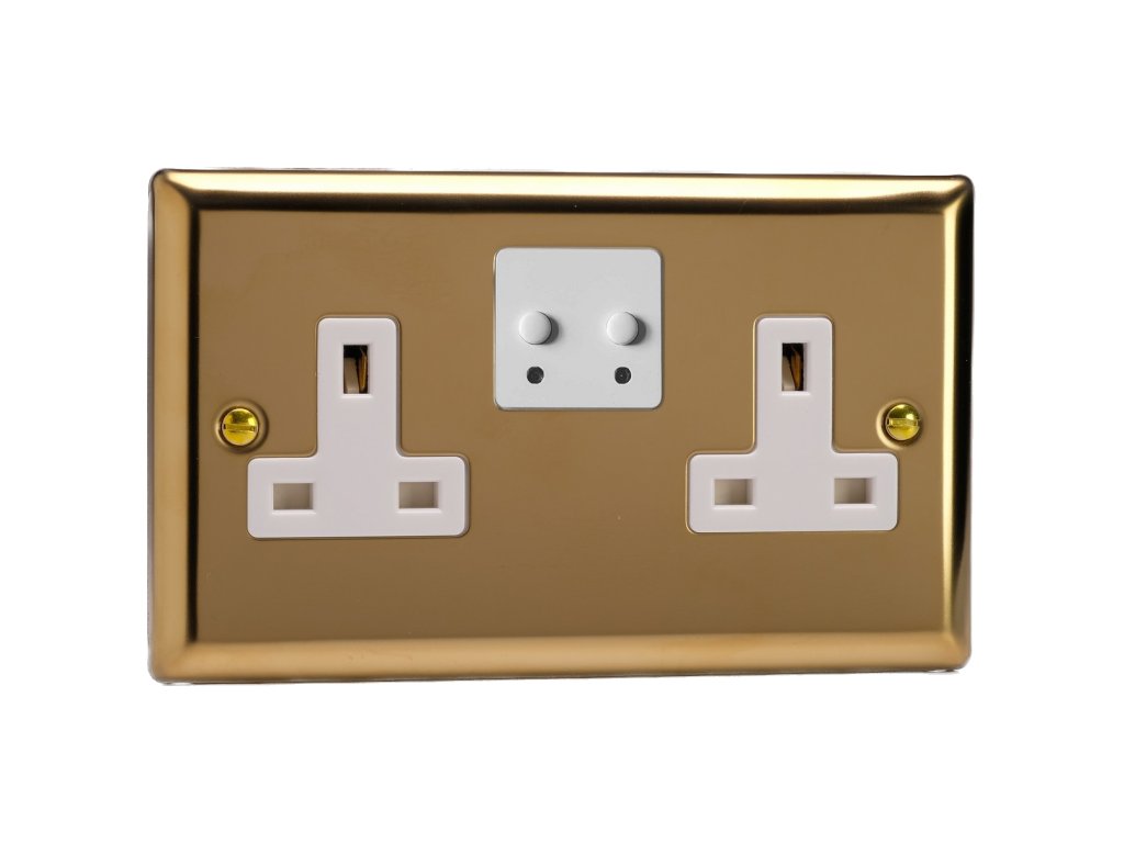 Designová zásuvka Síťová zásuvka MAINS SOCKET - 2-modulový 13A 1-pólový britská zásuvka KLASICKÉ - leštěná mosaz / bílá, XV5TUW