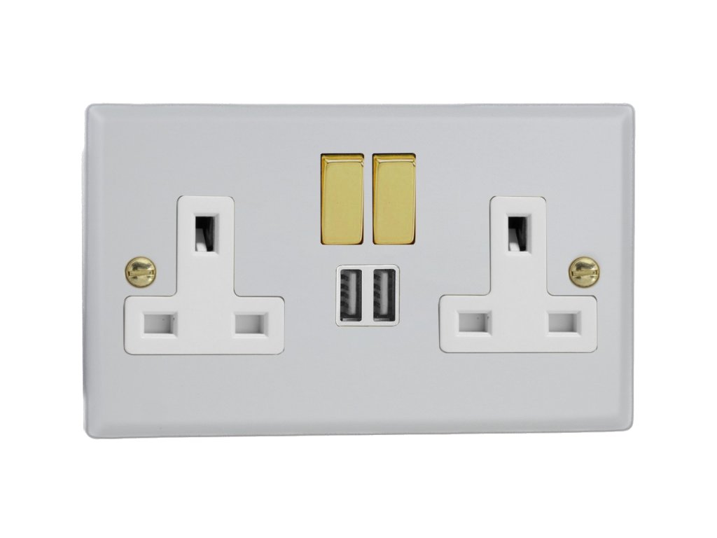 Designová zásuvka Síťová zásuvka MAINS SOCKET - 2-modulový 13A 1-pólový britská zásuvka KLASICKÉ - matně bílá / leštěná mosaz, XY5U2SVW.MW